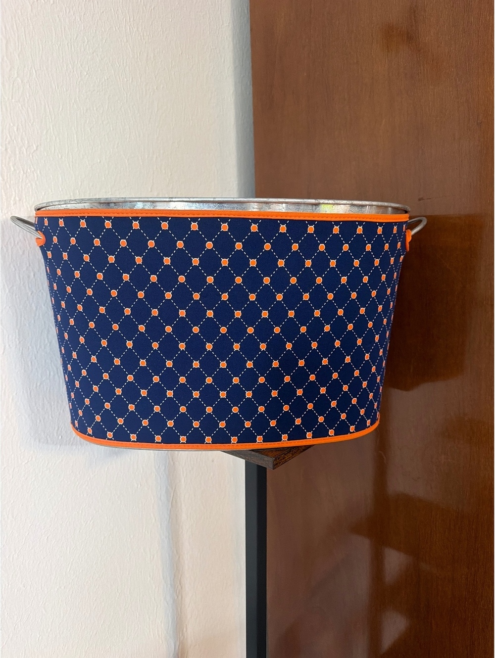 Decorative Navy Blue and Orange Metal Bucket with Handles